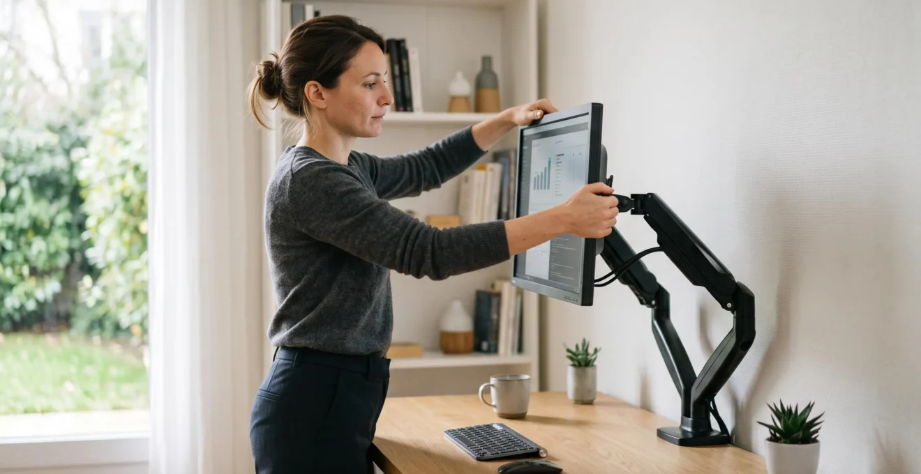 Personne ajustant un bras articulé pour écran d'ordinateur dans un bureau moderne