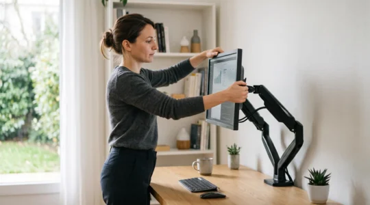 Personne ajustant un bras articulé pour écran d'ordinateur dans un bureau moderne