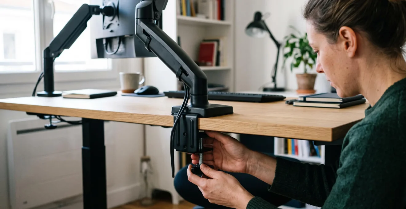Installation d'un bras pour écran sur le bord d'un bureau avec système de fixation par pince