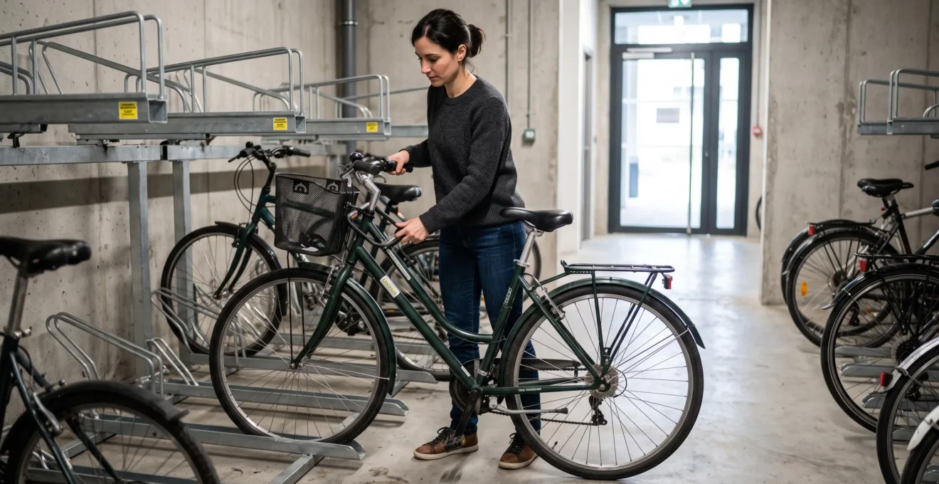 Employé prenant un vélo de fonction dans un local de rangement d'entreprise