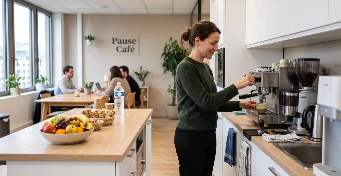 Employé préparant un café dans une salle de pause d'entreprise bien équipée avec des fruits frais disponibles
