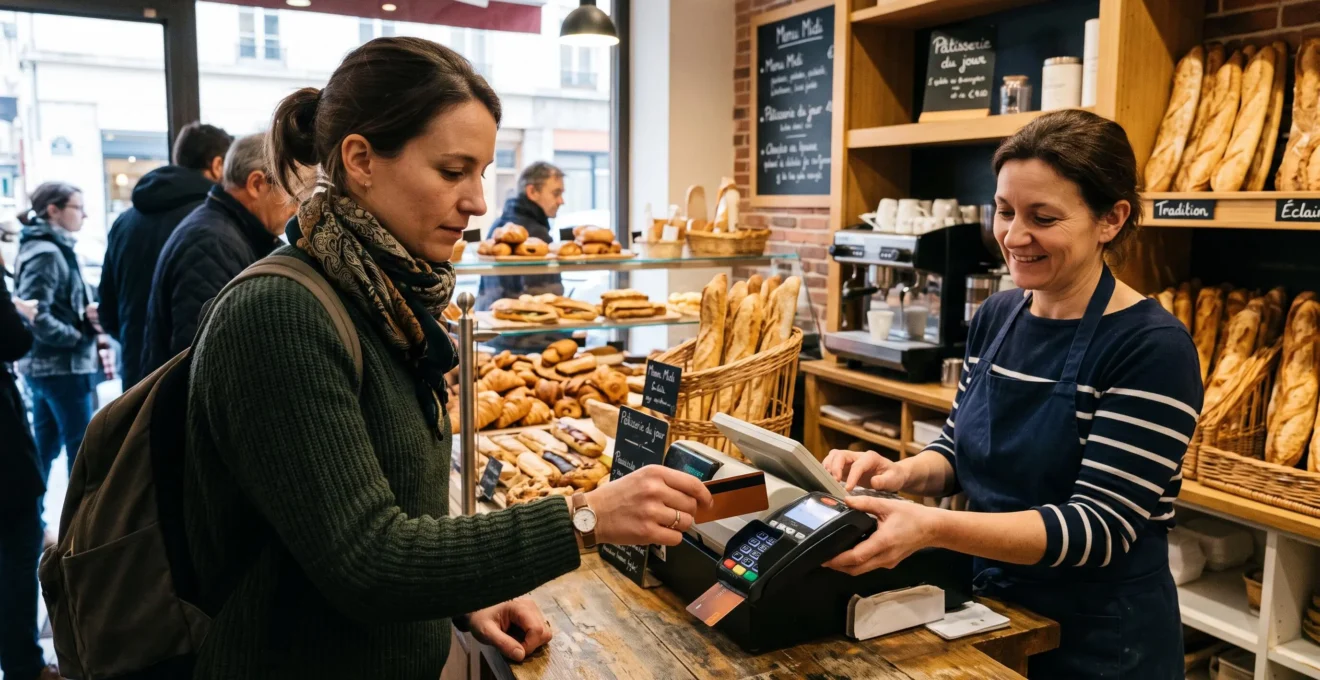 Employé payant avec une carte titre-restaurant au comptoir d'une boulangerie française