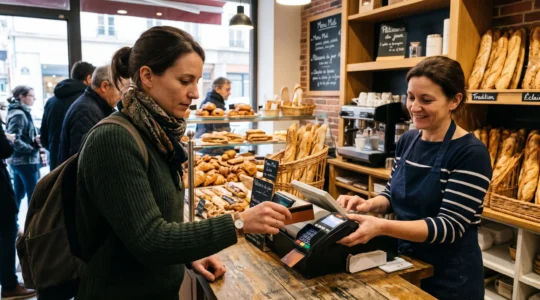 Employé payant avec une carte titre-restaurant au comptoir d'une boulangerie française