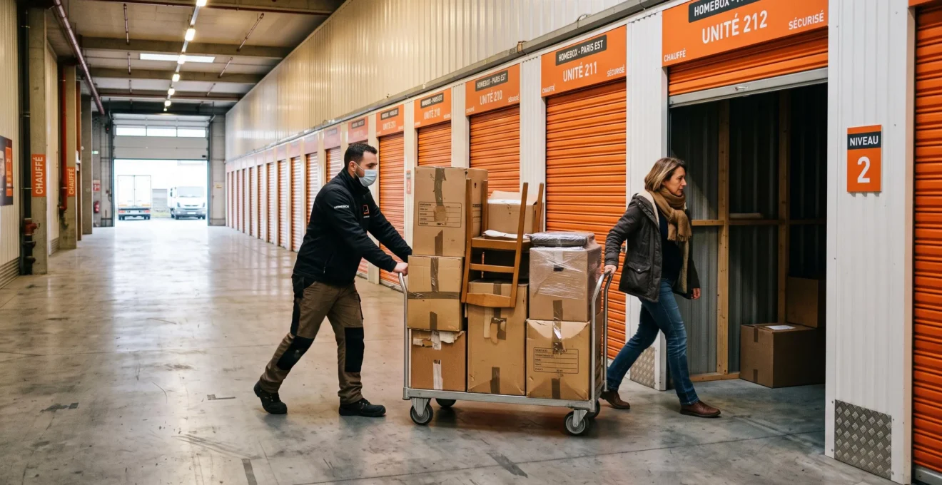 Un client pousse un diable chargé de cartons vers un box de stockage.