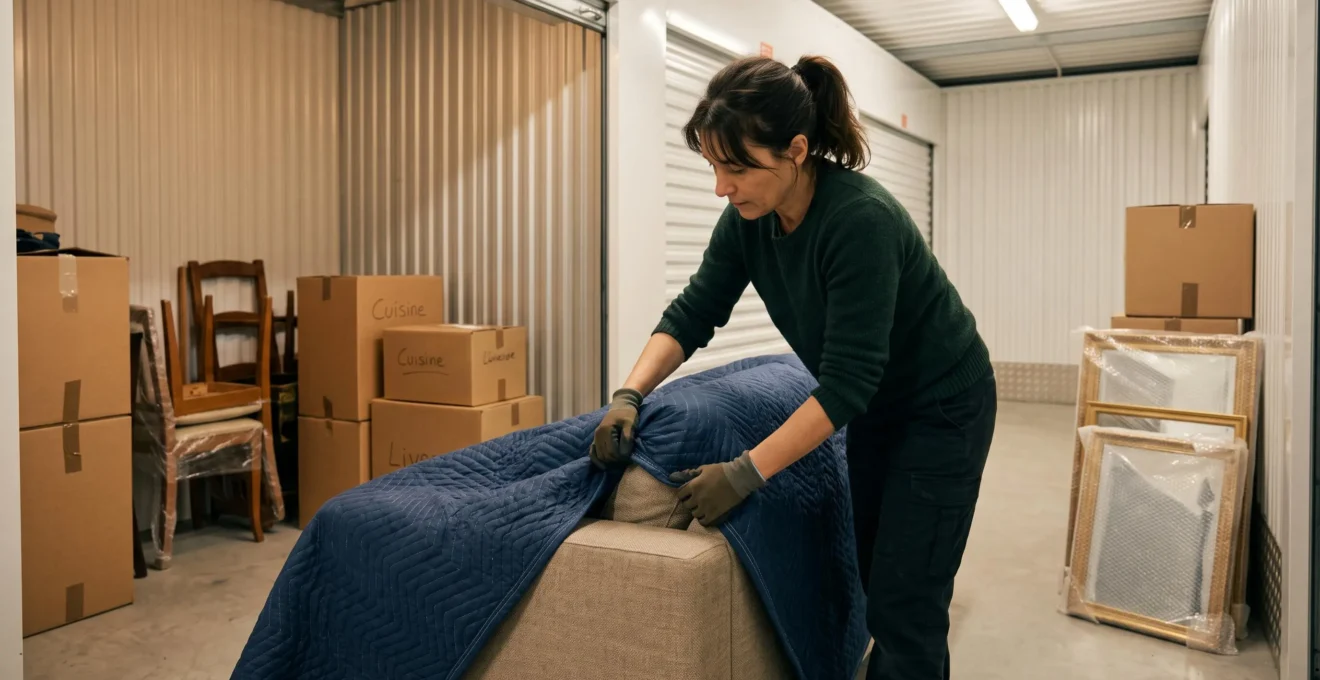Une femme protège un canapé avec des couvertures dans un box chauffé.