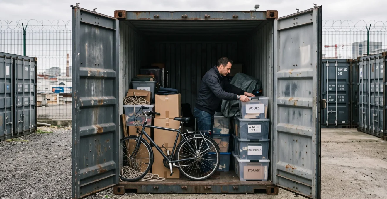 Un tenant range des bacs dans un container extérieur de stockage.